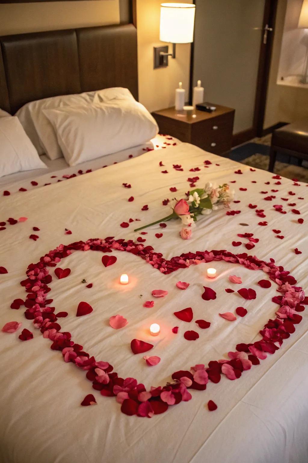 A heart fashioned from floral discs on a bed, establishing a scene for love