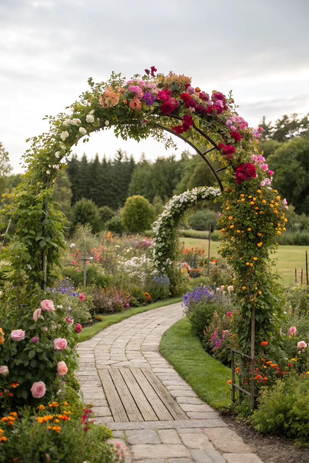 A curved gateway transformed into a floral spectacle, ideal for any outdoor setting.