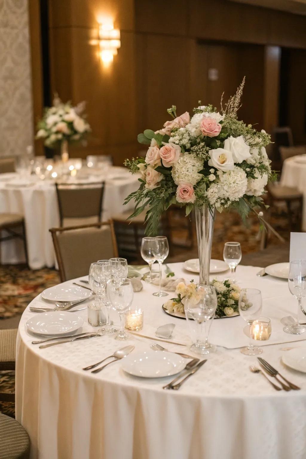Classic white table covering paired with eye-catching floral centerpieces.