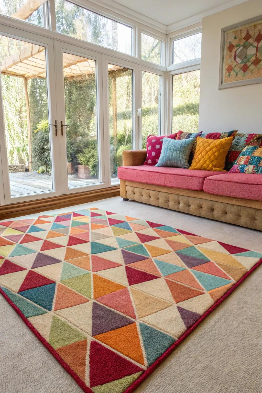 A geometric-patterned rug can bring a lively twist to a carpeted floor that's neutral.