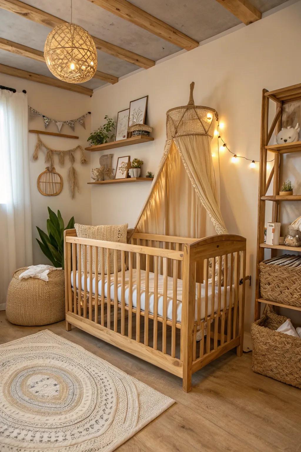 Untreated timber hues generate warmth and allure in the baby room.