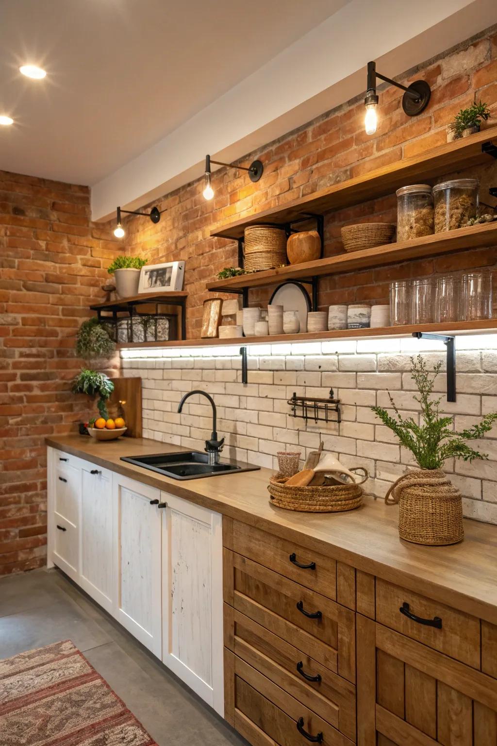 A weathered kitchen spotlighting an uncovered brick backsplash.