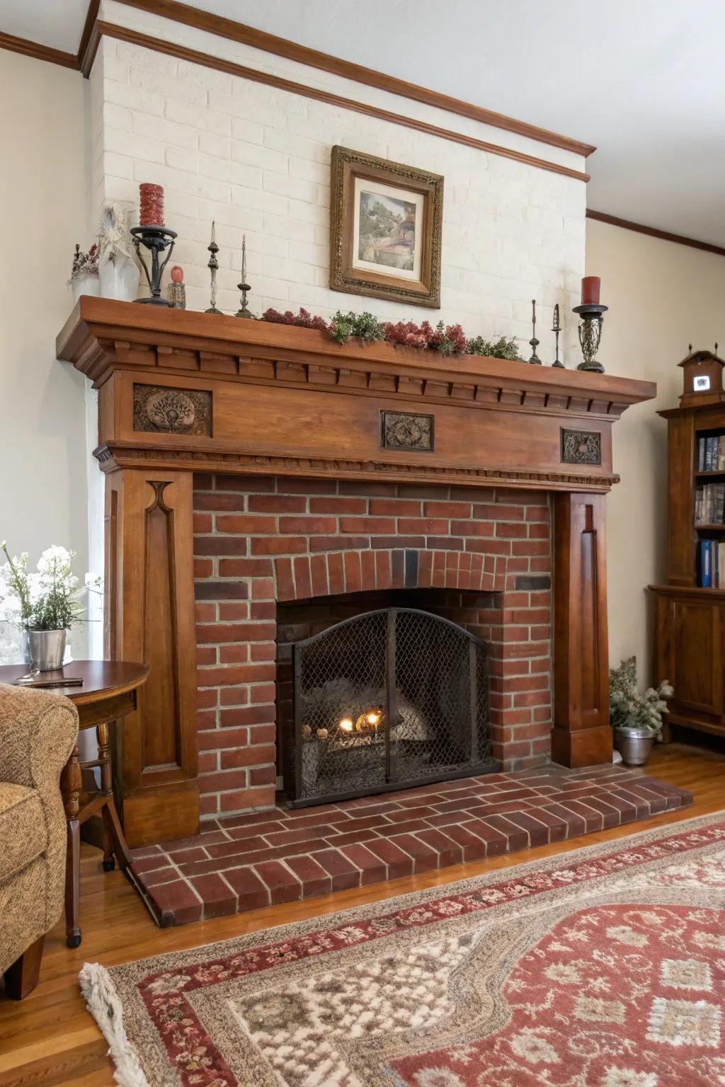 Quintessential crimson brick fireplace that exudes warmth and nostalgia.