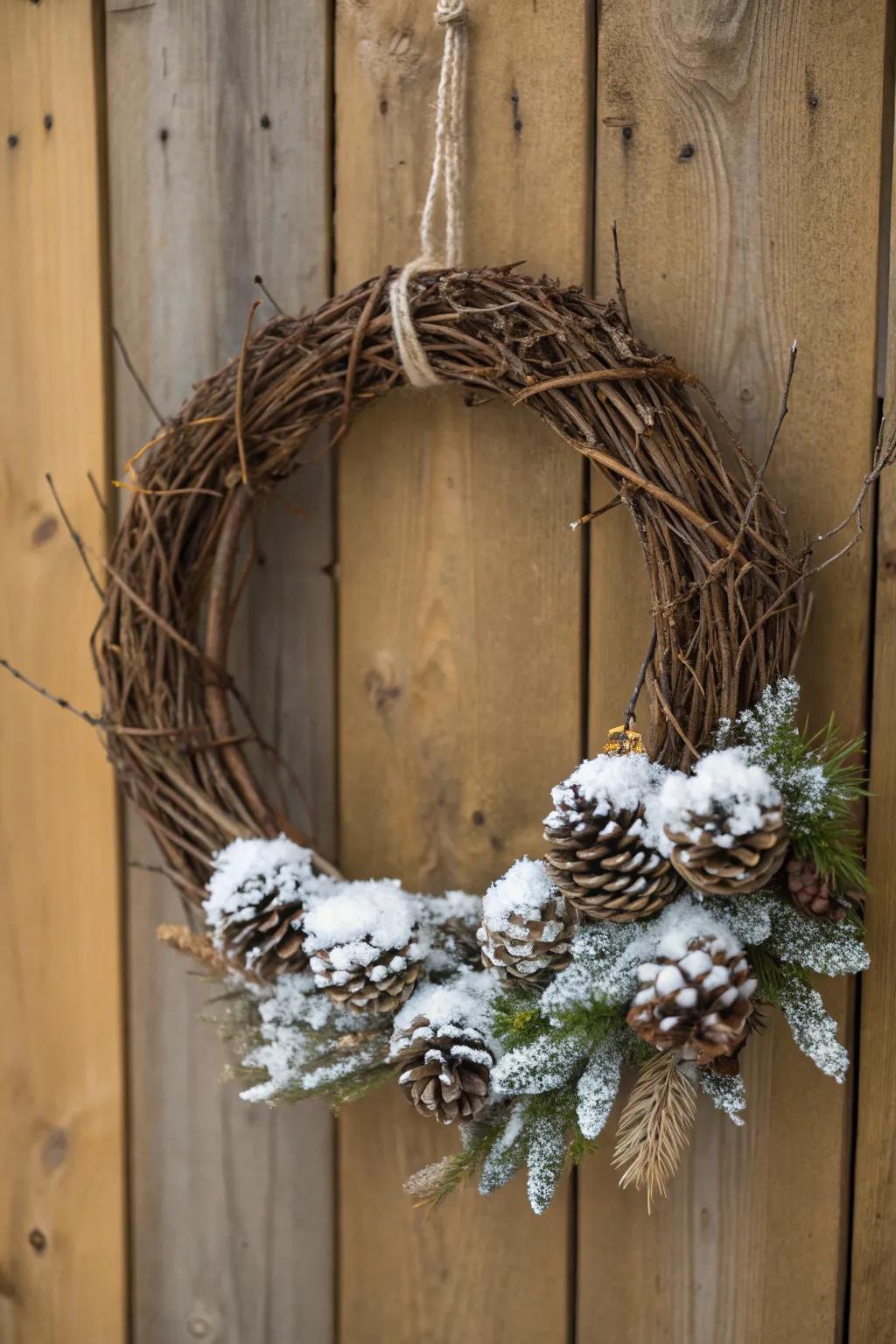 A vineyard wreath decorated with snowy evergreen cones.