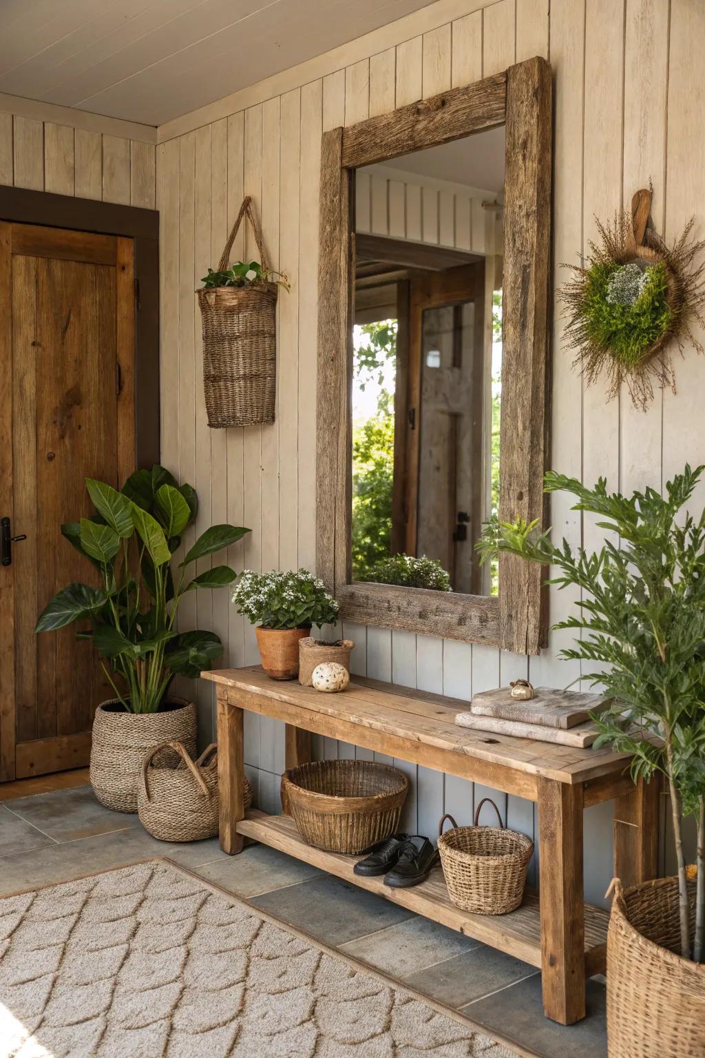 An entrance hall showcasing a looking glass encased in salvaged lumber.