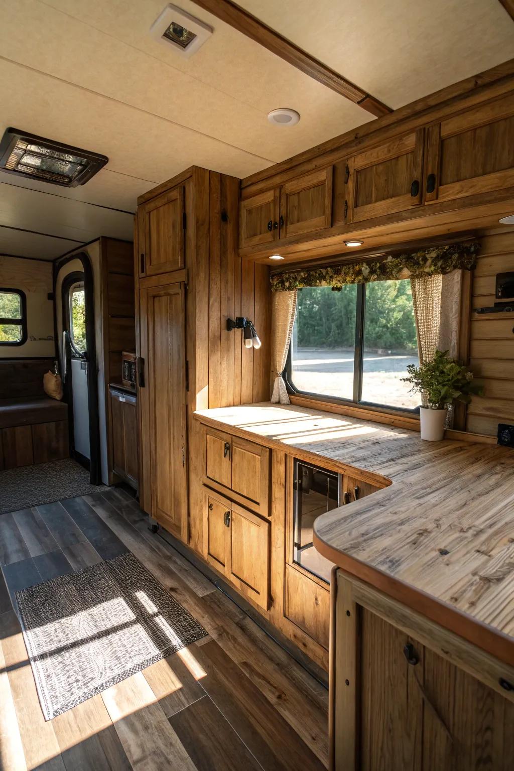 Natural timber elements introduce warmth and texture to your RV.