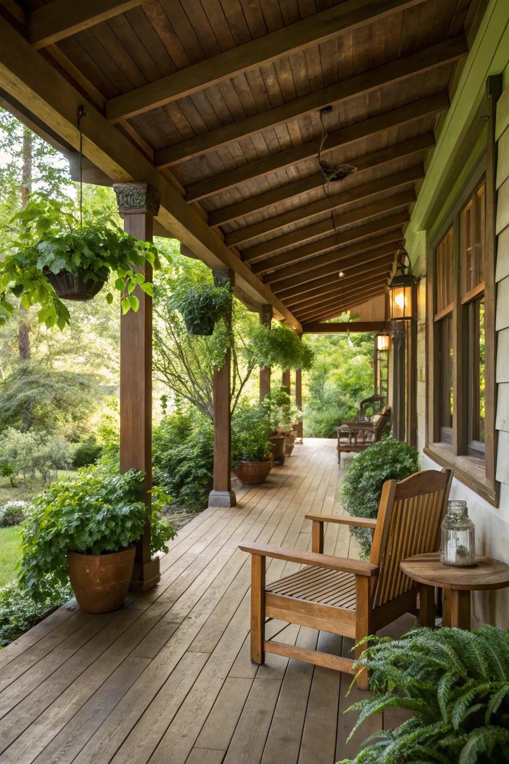 Wood flooring and natural wood beams create a welcoming porch atmosphere.