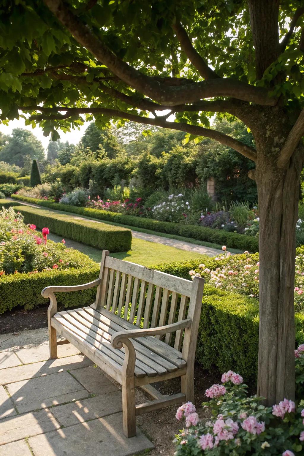 A classic wooden bench displaying natural wood patterns in a peaceful garden setting.
