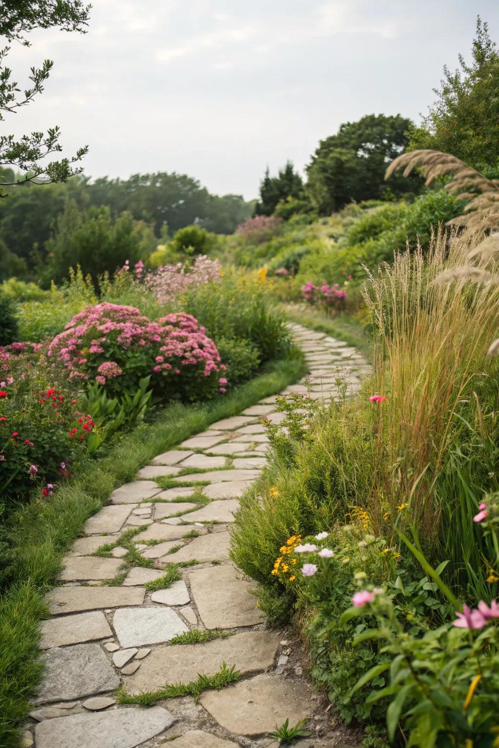 An attractive stone path meandering through a lush garden.