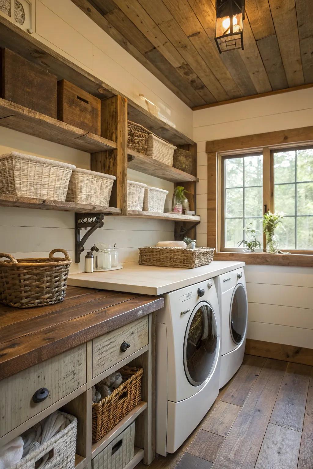Recovered timber on countertops and shelves introduces a sense of warmth and history.