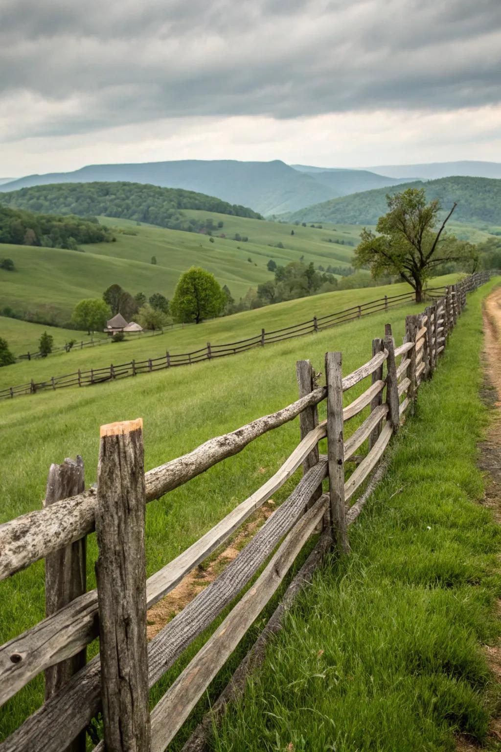 A classic split rail log fence running along rolling hills, evoking a sense of rustic elegance.
