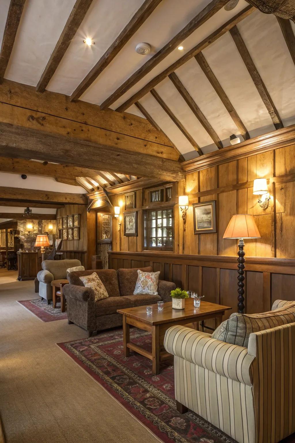A man cave boasting visible timber rafters, conjuring an affectionate and inviting atmosphere.