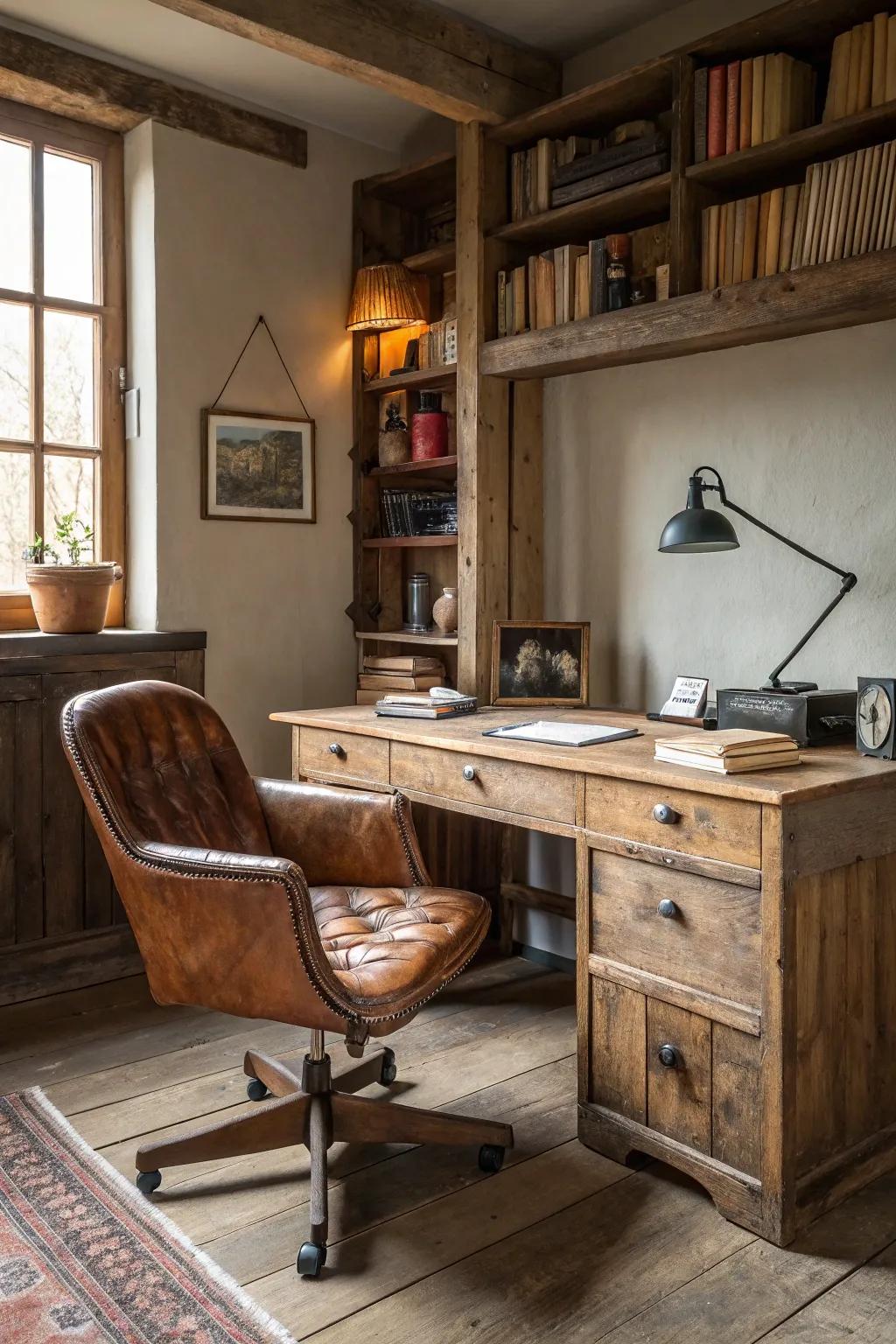 A country-style office showcasing a recovered lumber desk and timeless appeal.