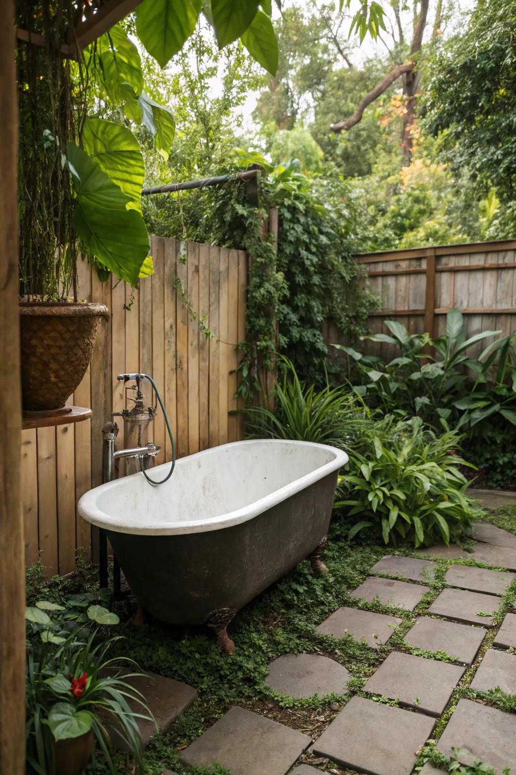 A heritage metallic soaker becomes the key attraction in this countryside open-air area.