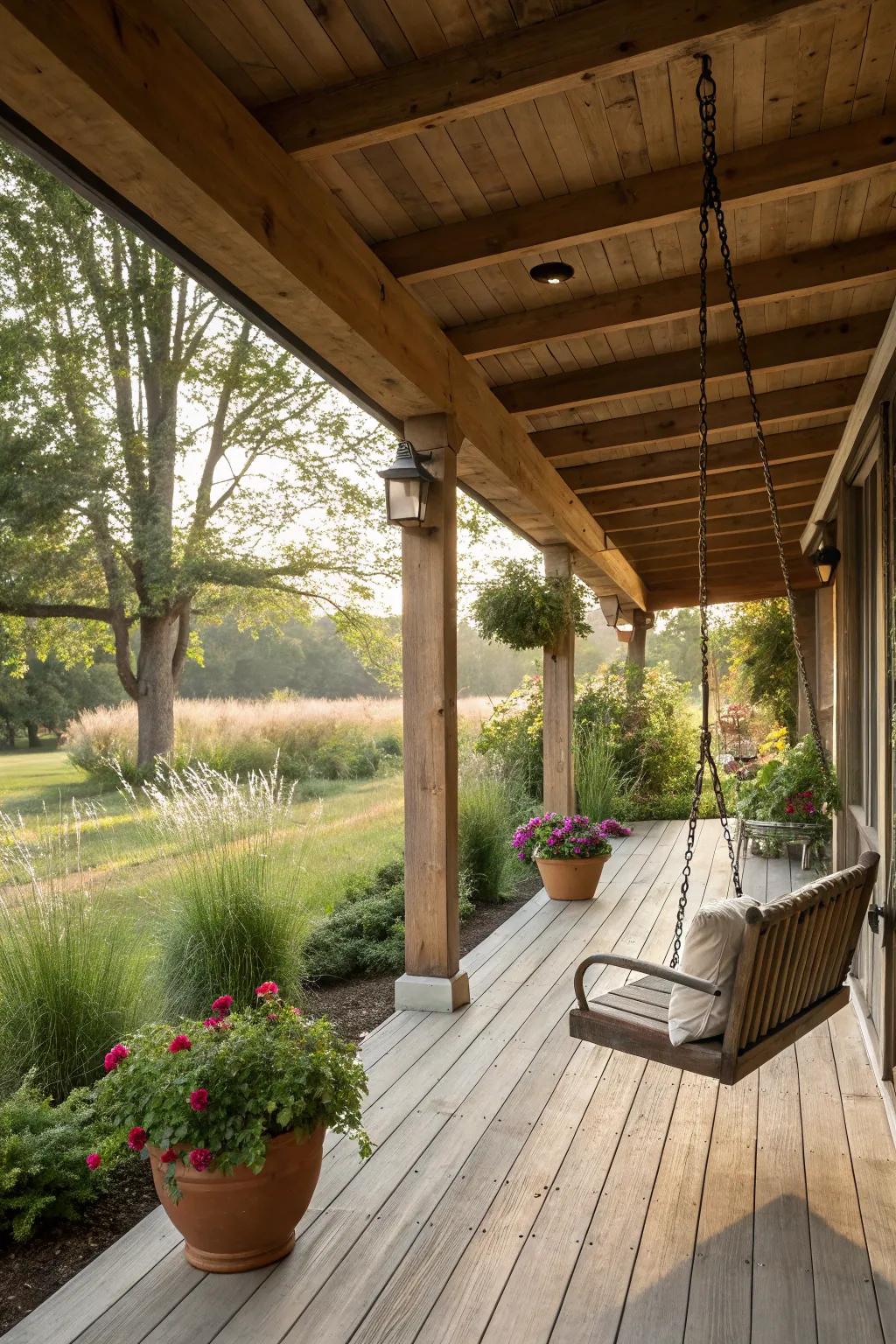 Uncovered joists contribute a hint of countryside charm to this veranda.