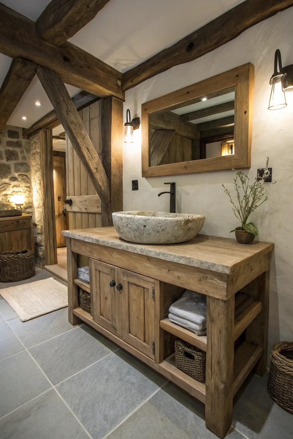 A rustic vanity made from repurposed timber introduces character and coziness.