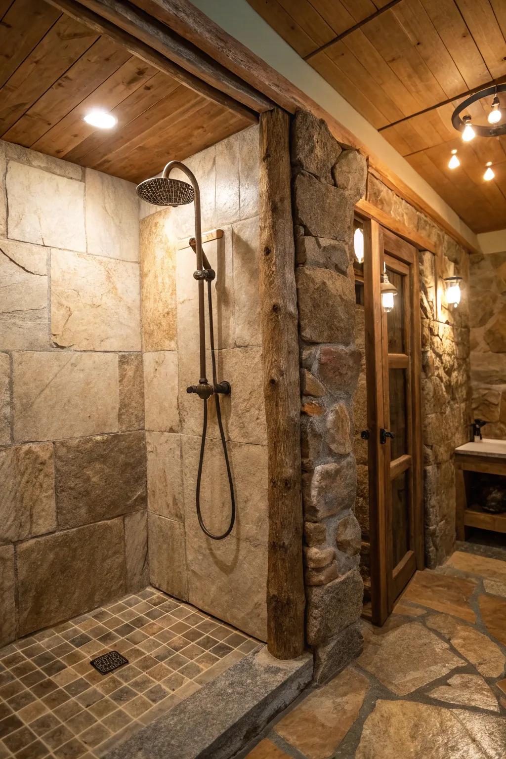 A rustic shower highlighting the ageless grace of stone tiling.