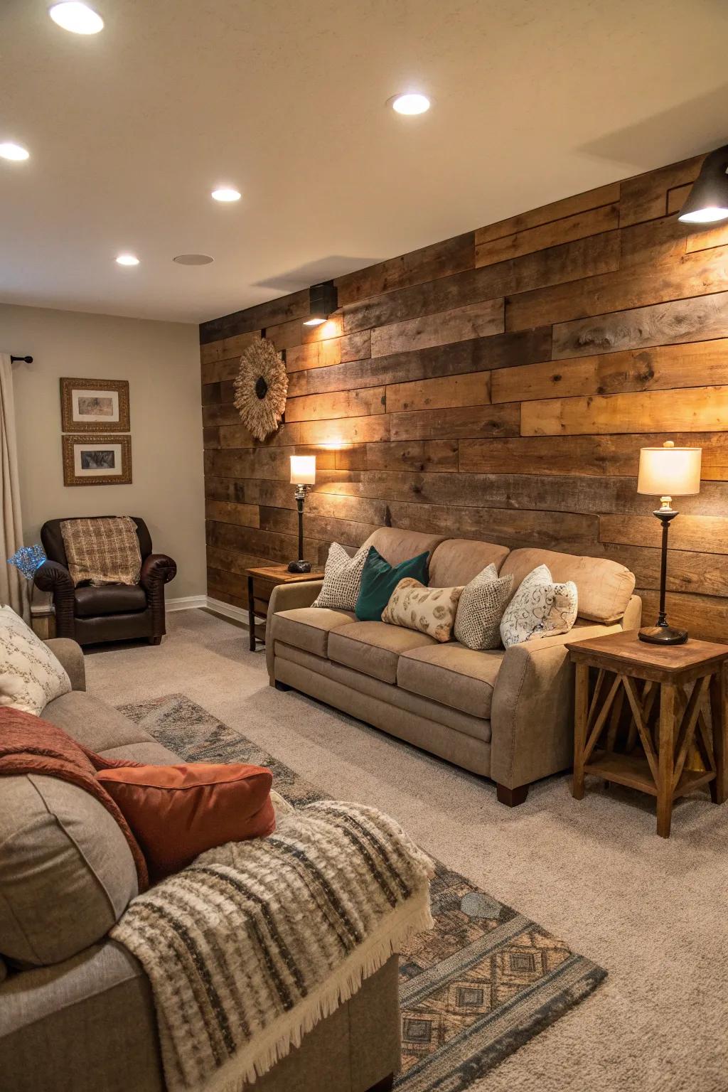 A living room showcased with an upcycled timber feature wall, drawing attention as an eye-catching centerpiece.