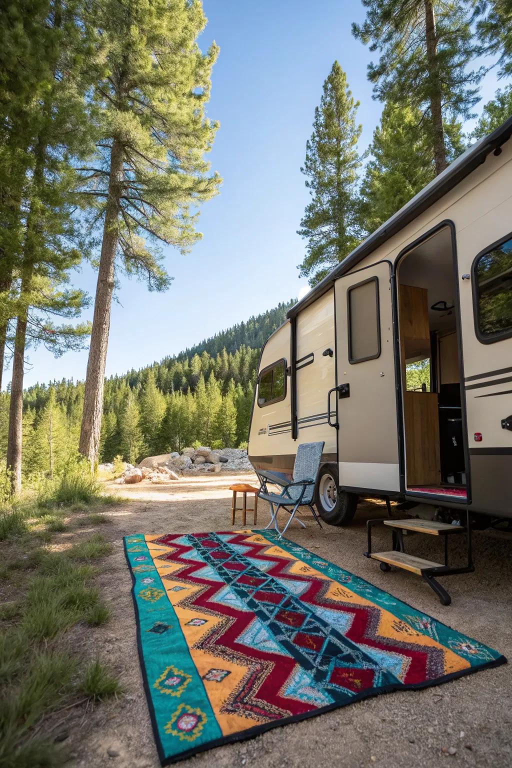 An outdoor ground covering brings warmth and style to your RV campsite.