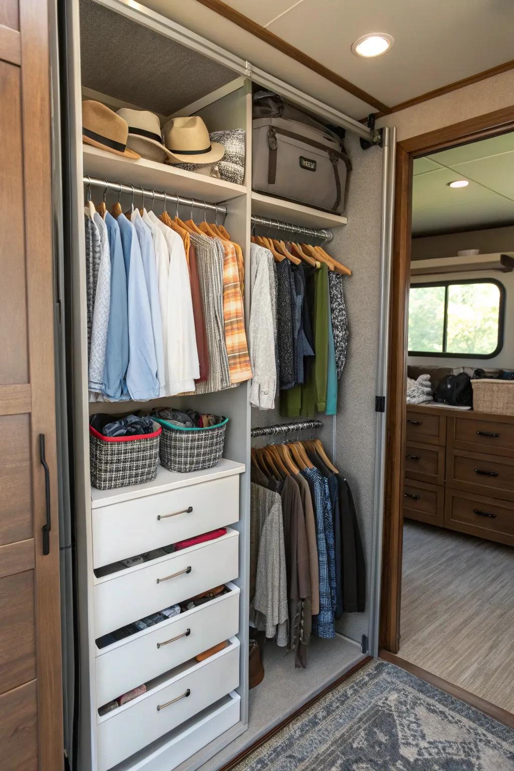In an RV closet, hanging organizers offer lots of space for clothing and accessories.