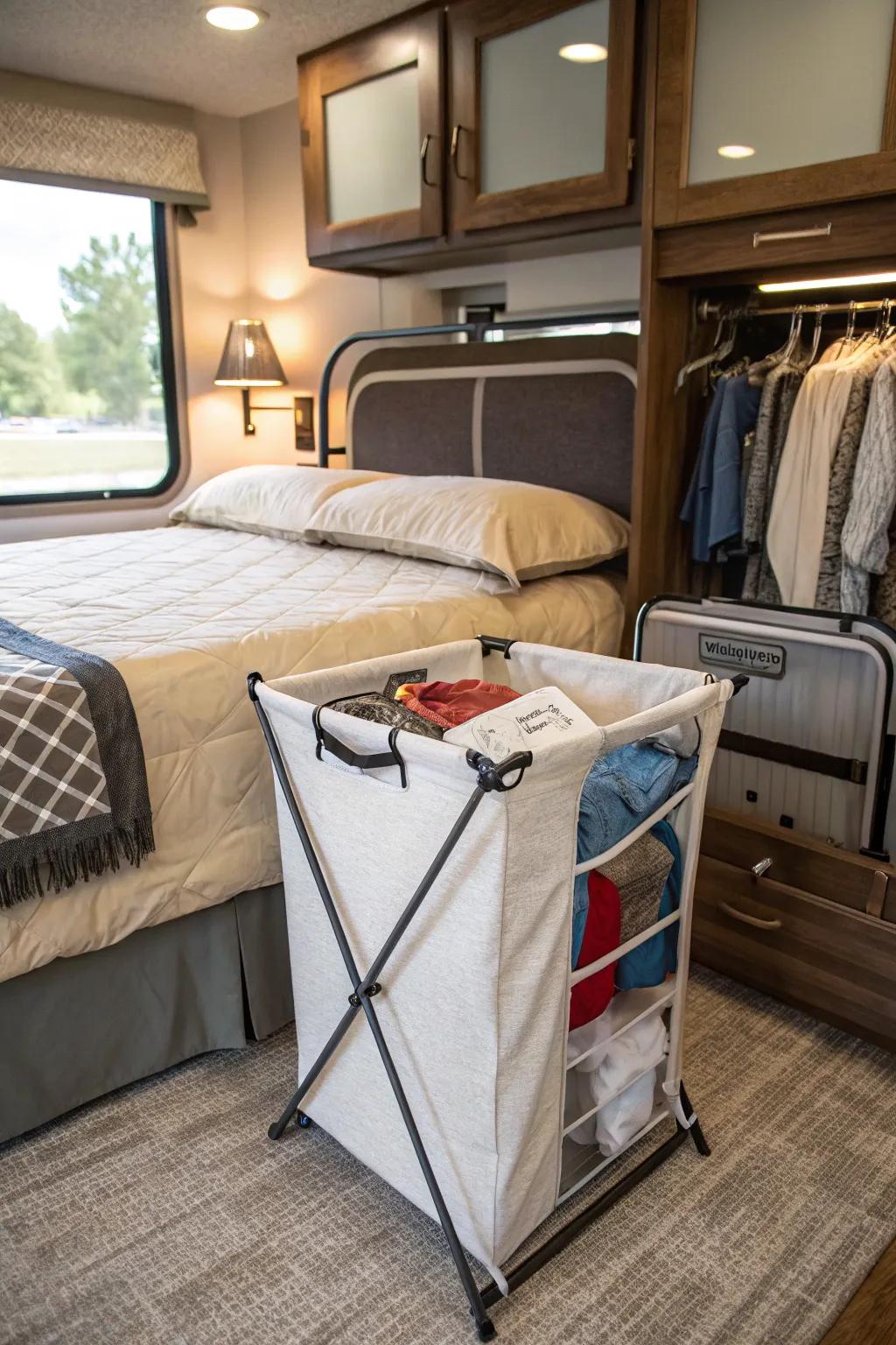 A folding receptacle neatly stowed under an RV sleeping space.