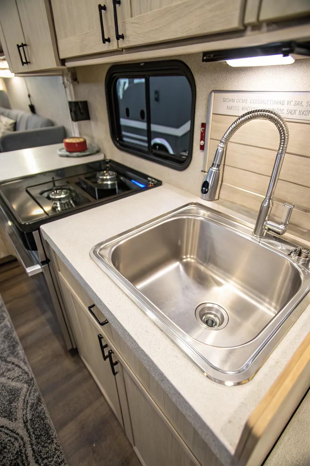 A small-scale metal basin in an RV cooking area.