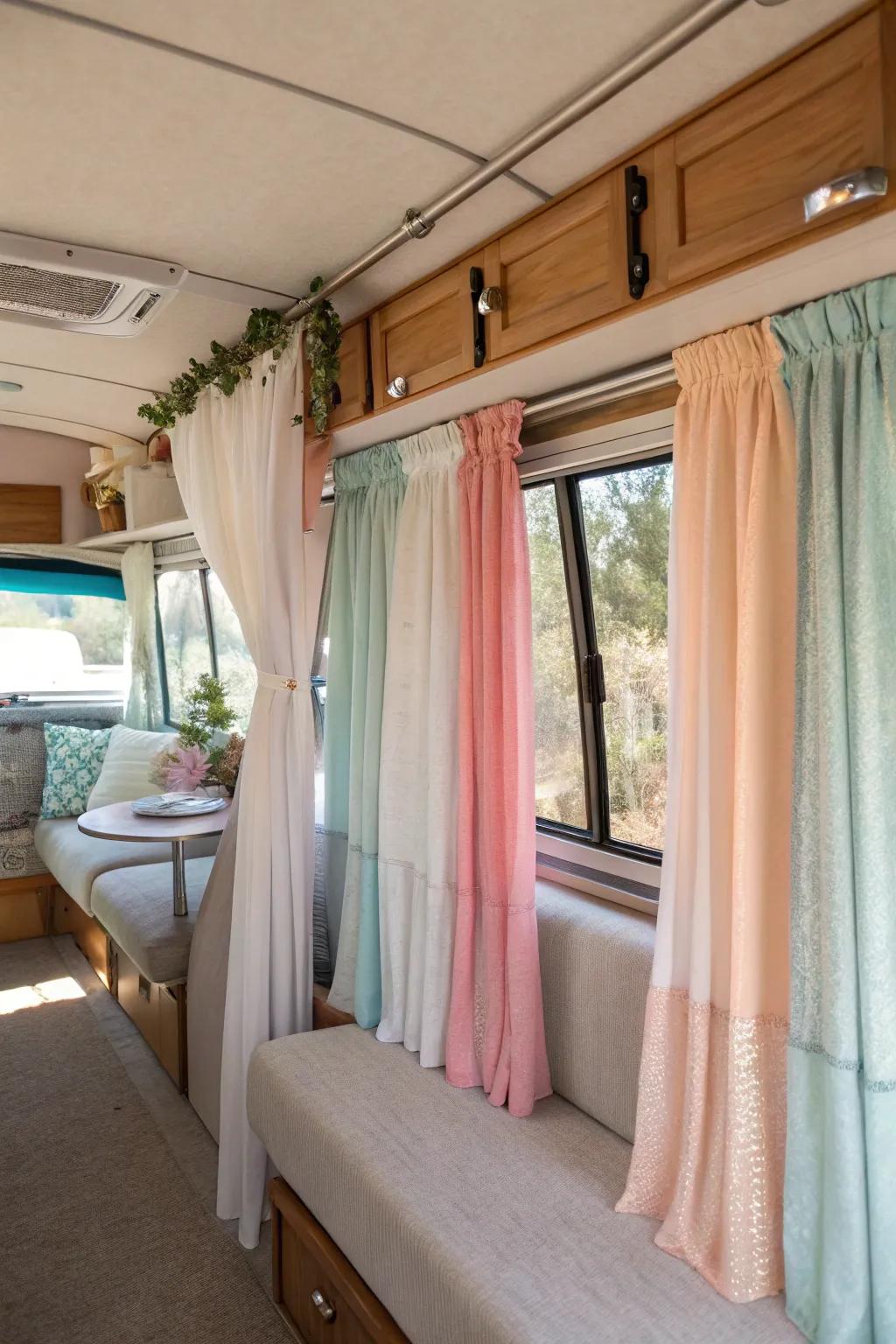 Layered curtains enrich the RV's interior with added dimension and seclusion.