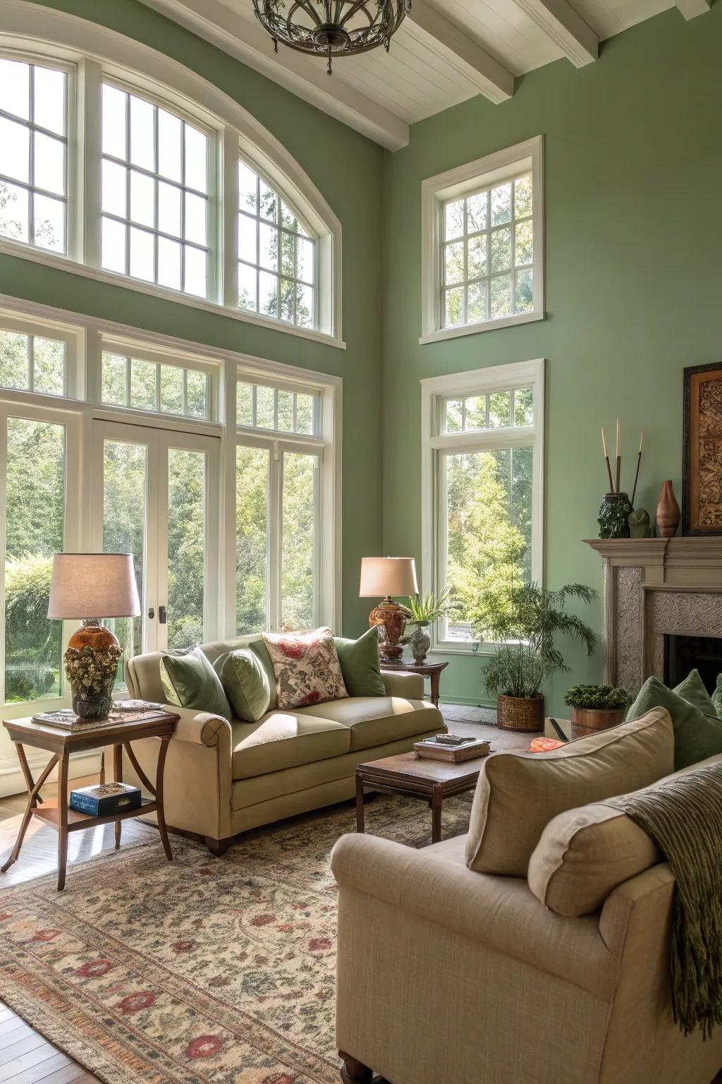 Sage green-painted walls glow serenely, capturing and enhancing the room's innate light.