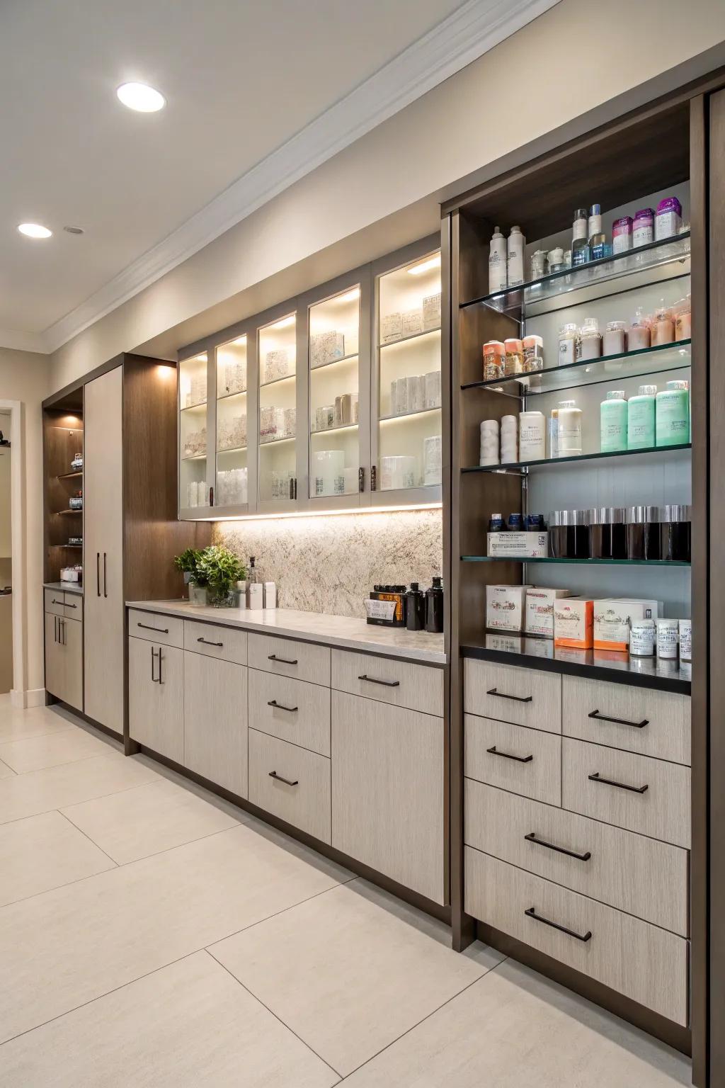 Streamlined storage options maintain your salon break area orderly and productive.