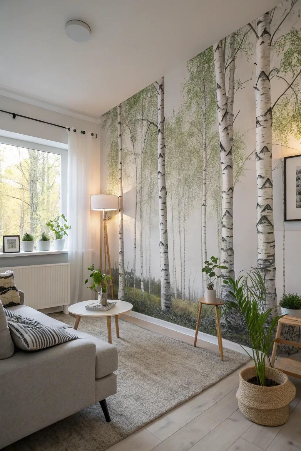 A Scandinavian living room with a wall mural of birch trees