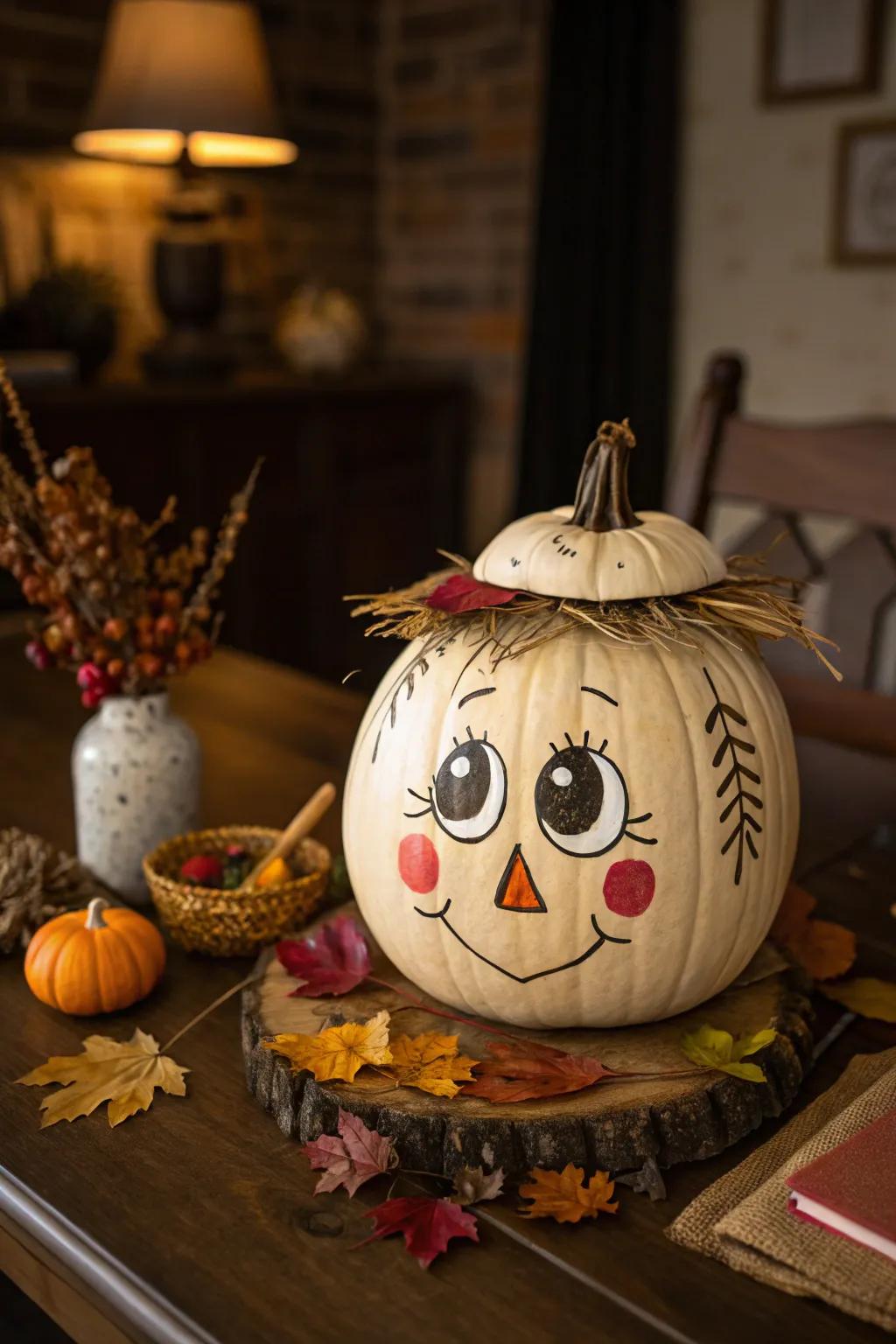A classic scarecrow face painted on a pumpkin.