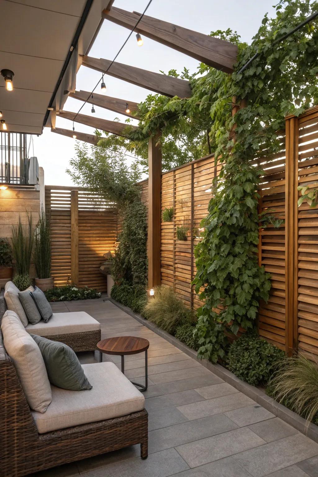 A serene patio featuring a wooden screen wall, ideal for privacy and unwinding.