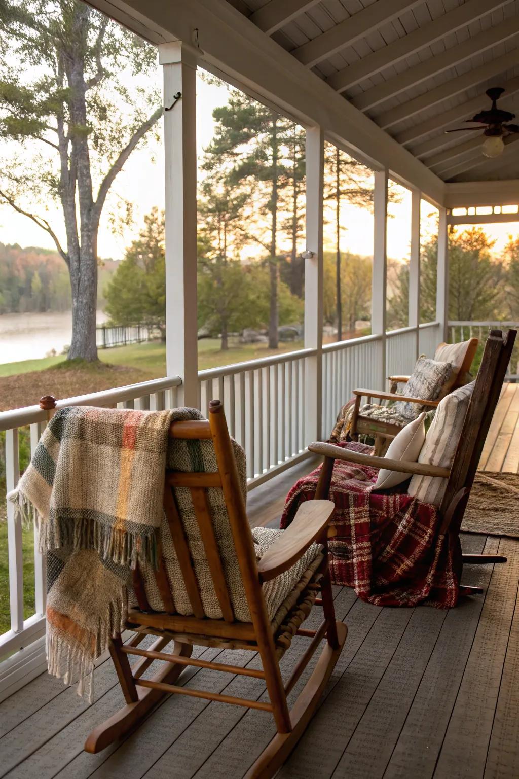 Timeless swivel seats on a protected veranda craft an atmosphere of enduring allure and hospitality.