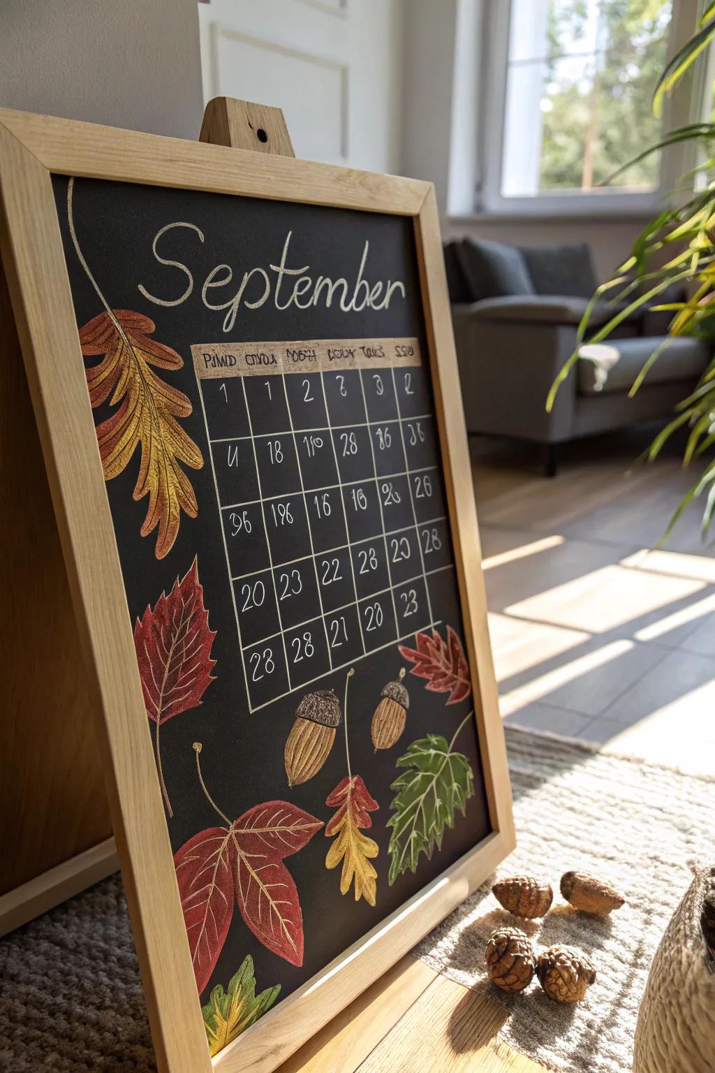 An appealing September schedule on a slate board decorated with autumn leaves and acorns.
