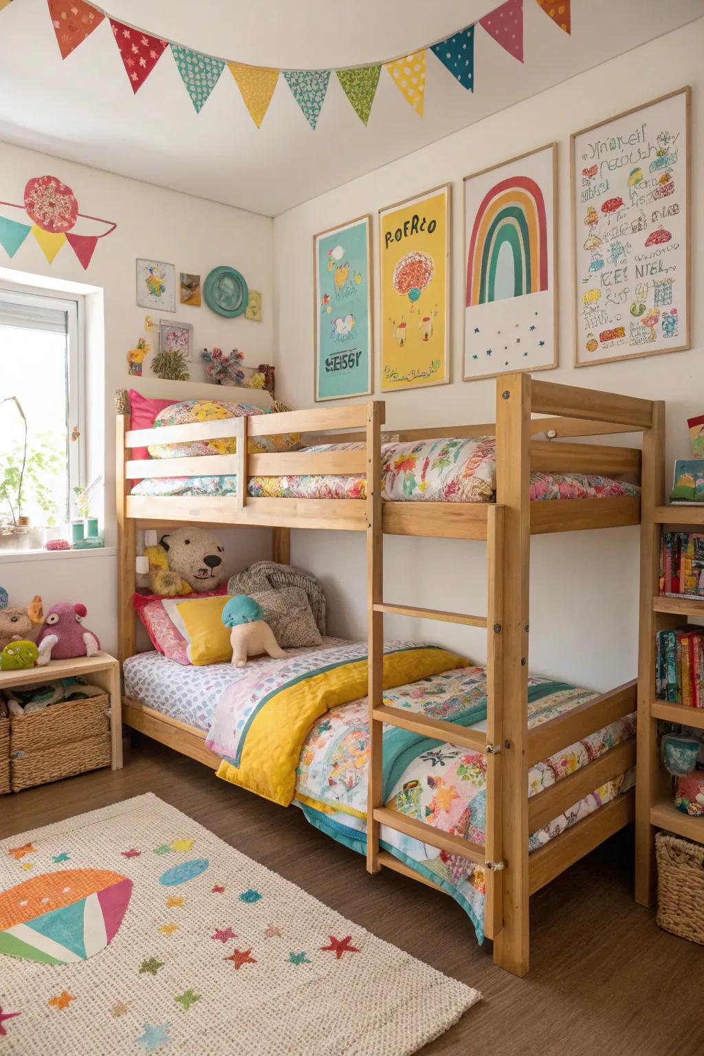 Bunk beds optimize space and add a playful touch to the room.