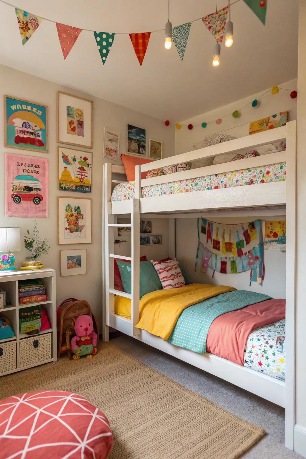 A compact shared sleeping quarter cleverly uses bunk beds to conserve space.