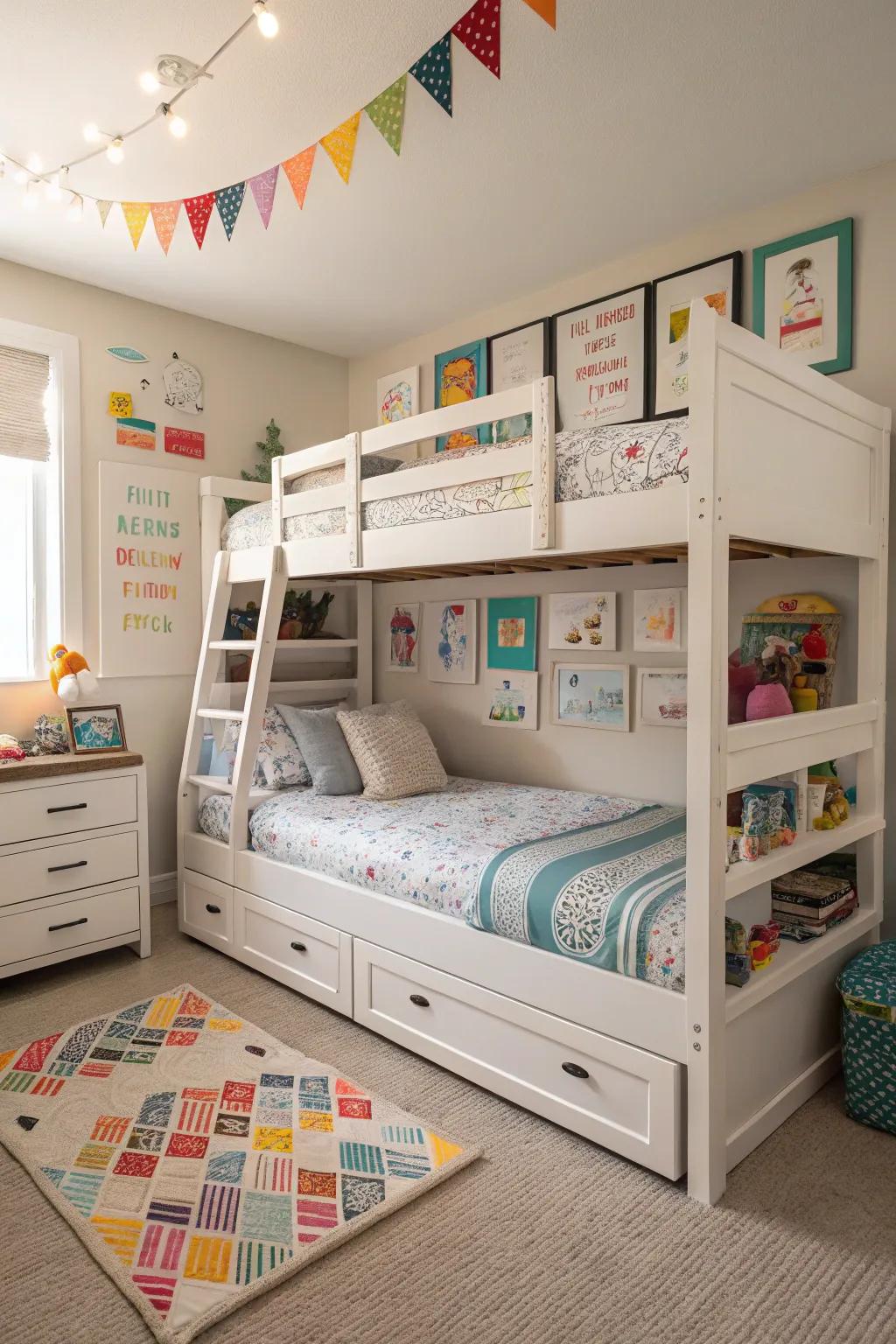 Space-saving bunk and trundle beds in a shared room.