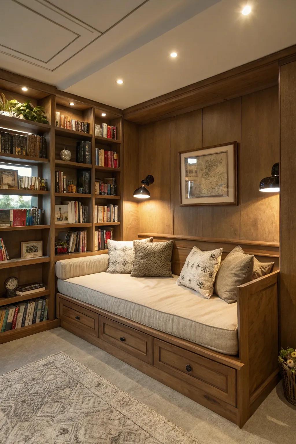 Design a cozy reading corner in your she shed using custom bookshelves and a comfortable daybed.