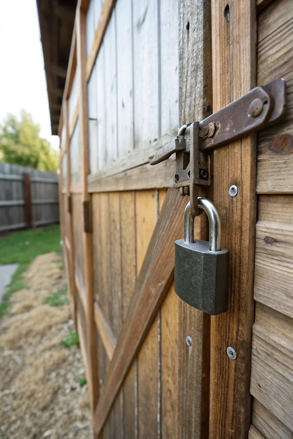 A robust lock securely fastens a wooden shed door, emphasizing protection.