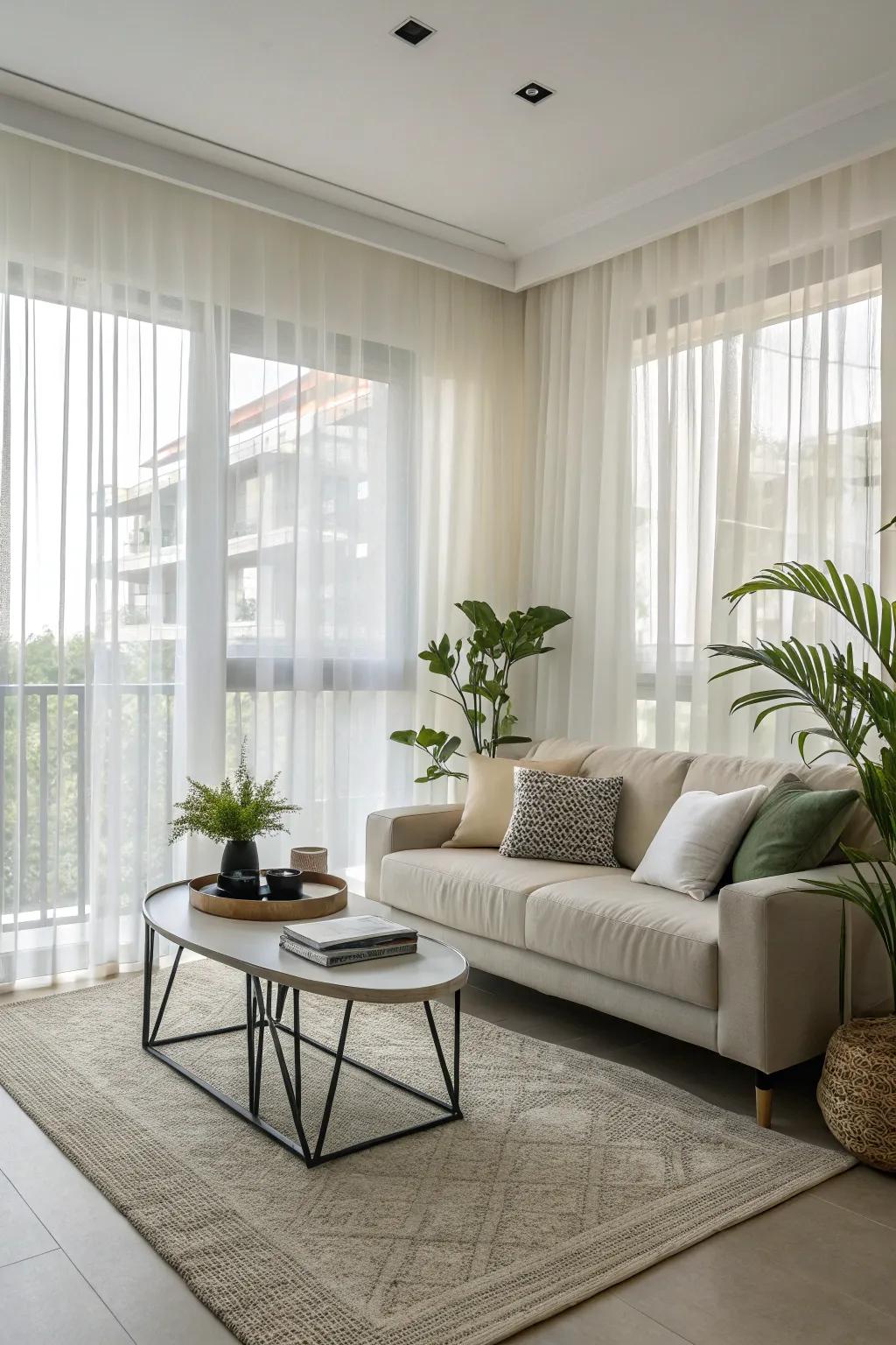 Wispy curtains enrich contemporary design, forging an agreeable and welcoming family room.