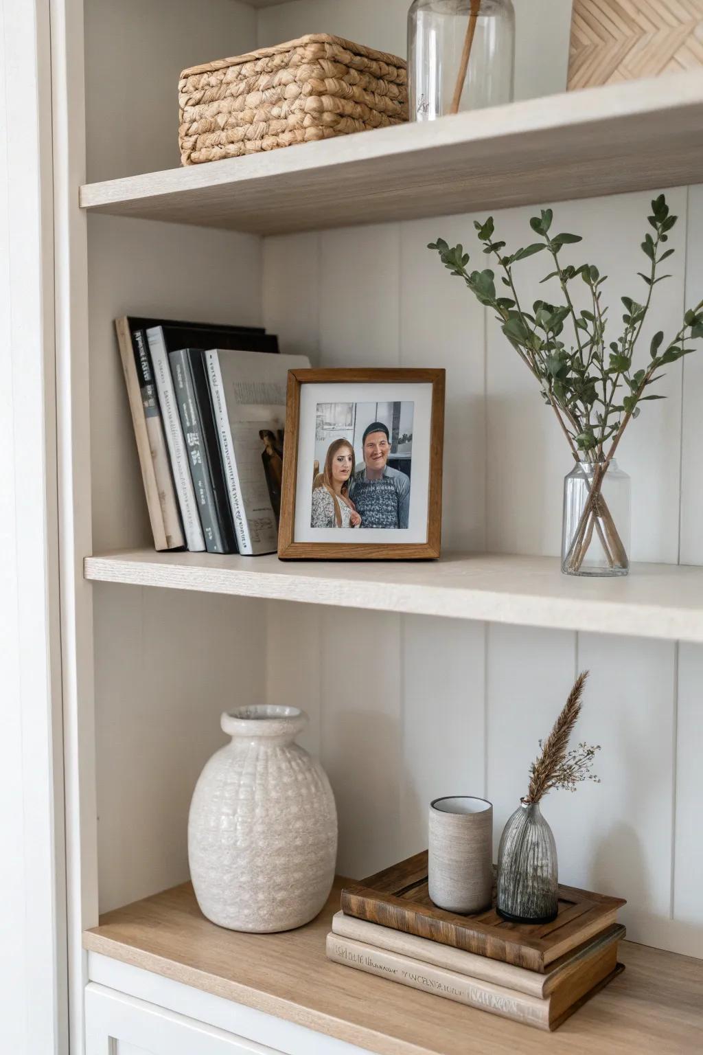 A minimalist shelf displaying select decorative items in soft shades.