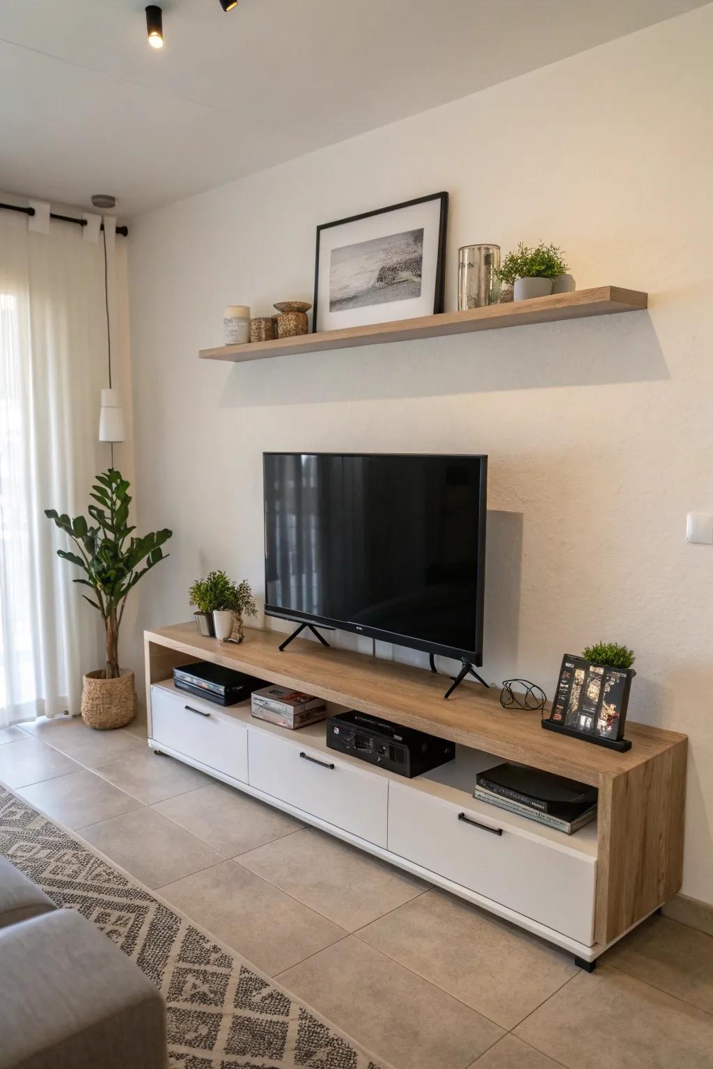 A sleek floating shelf adds an element of sophistication over the TV.