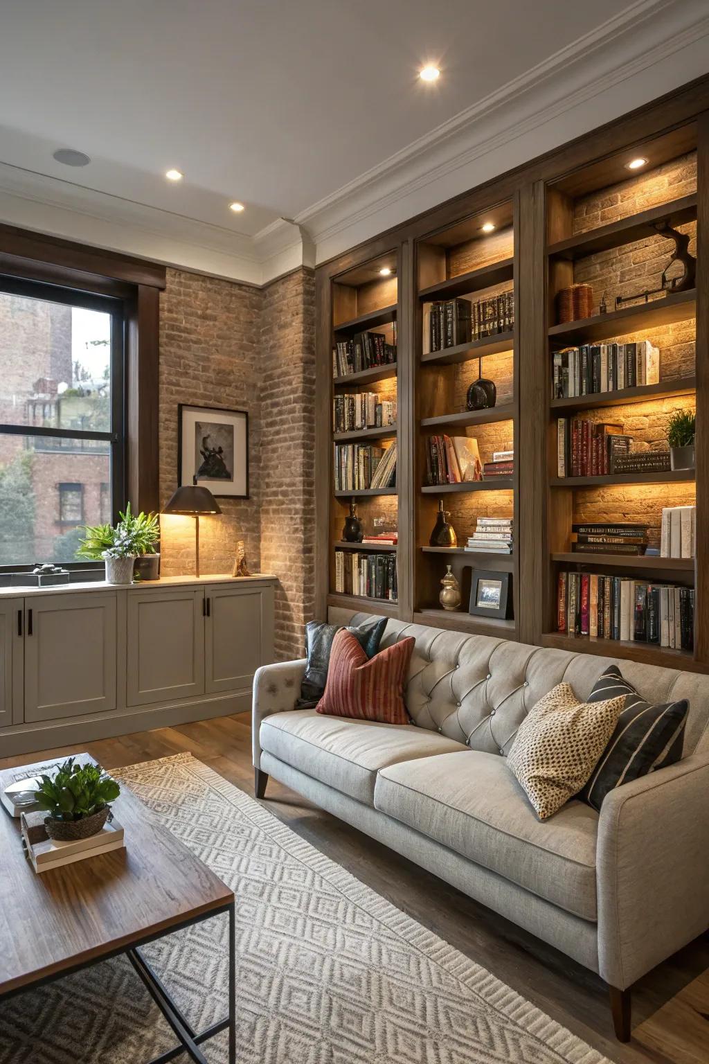 Built-in shelves deliver a smooth, sophisticated appearance.