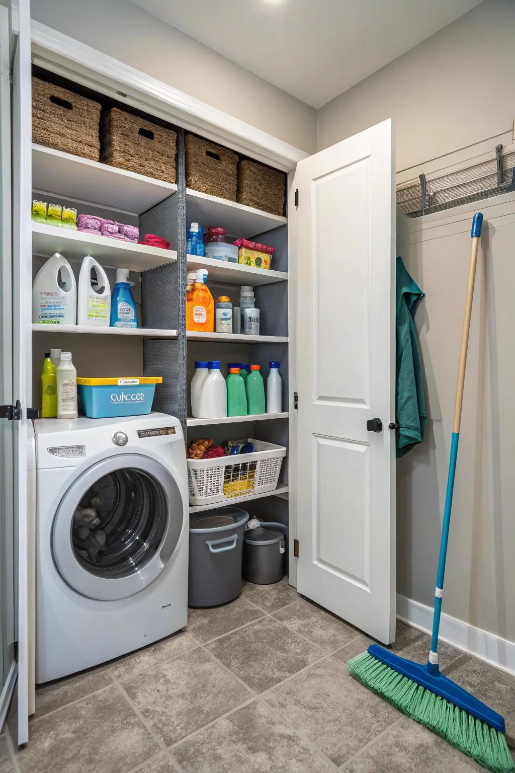 Open shelves in a utility area display neatly arranged cleaning supplies for quick access.