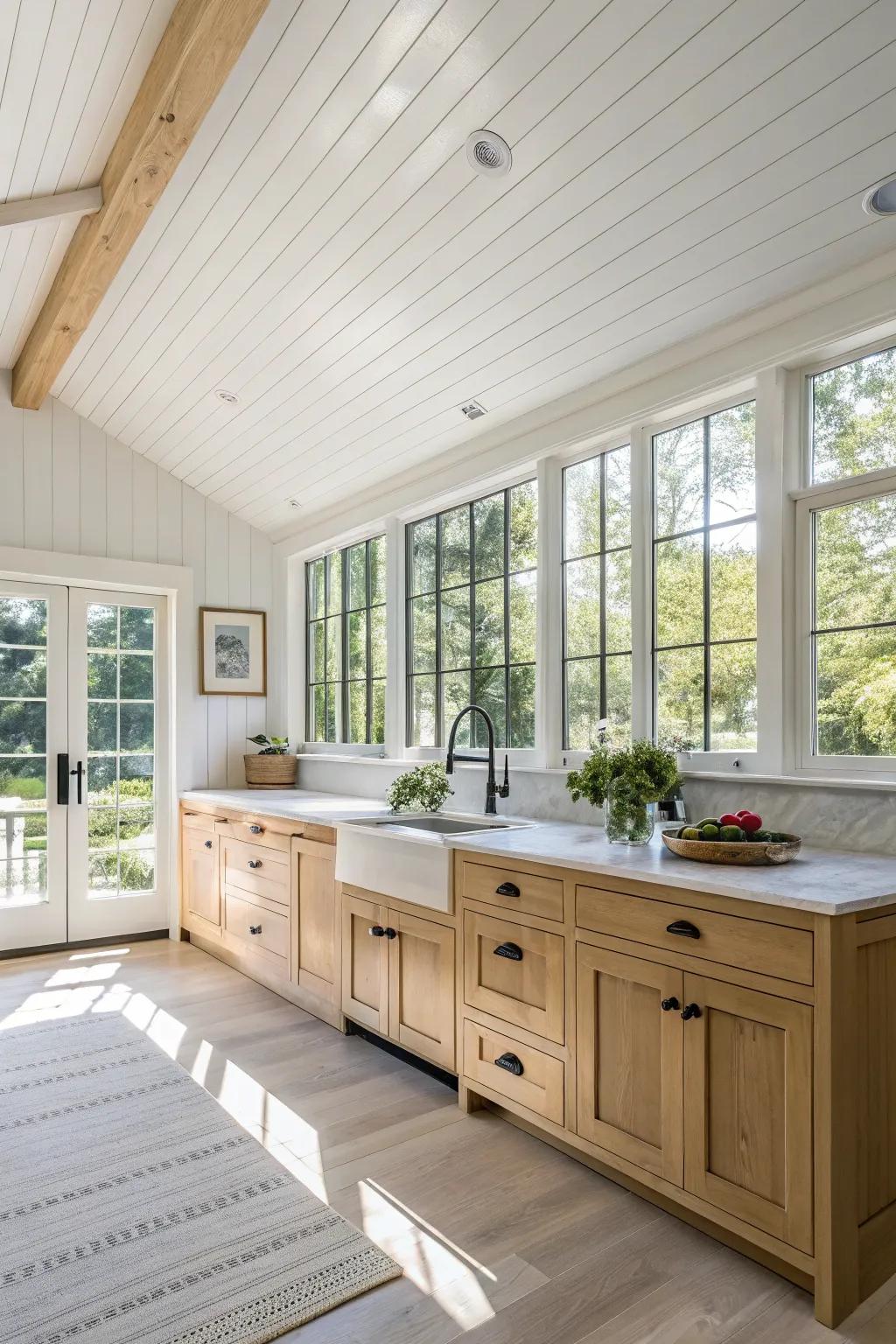 A quintessential white shiplap ceiling gracing a sunlit kitchen scene.