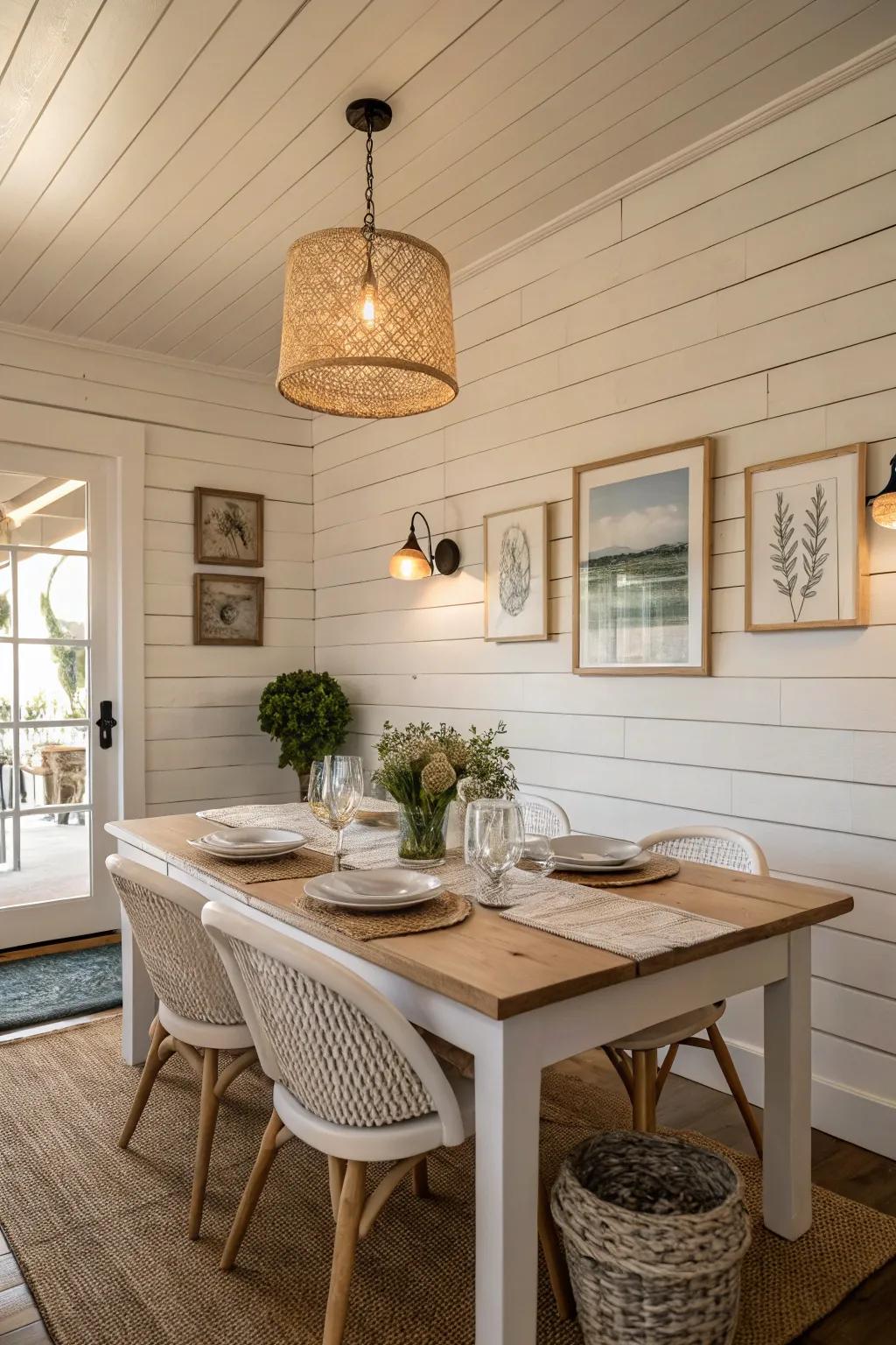 A dining room with traditional white wood-panel walls and simple decor.