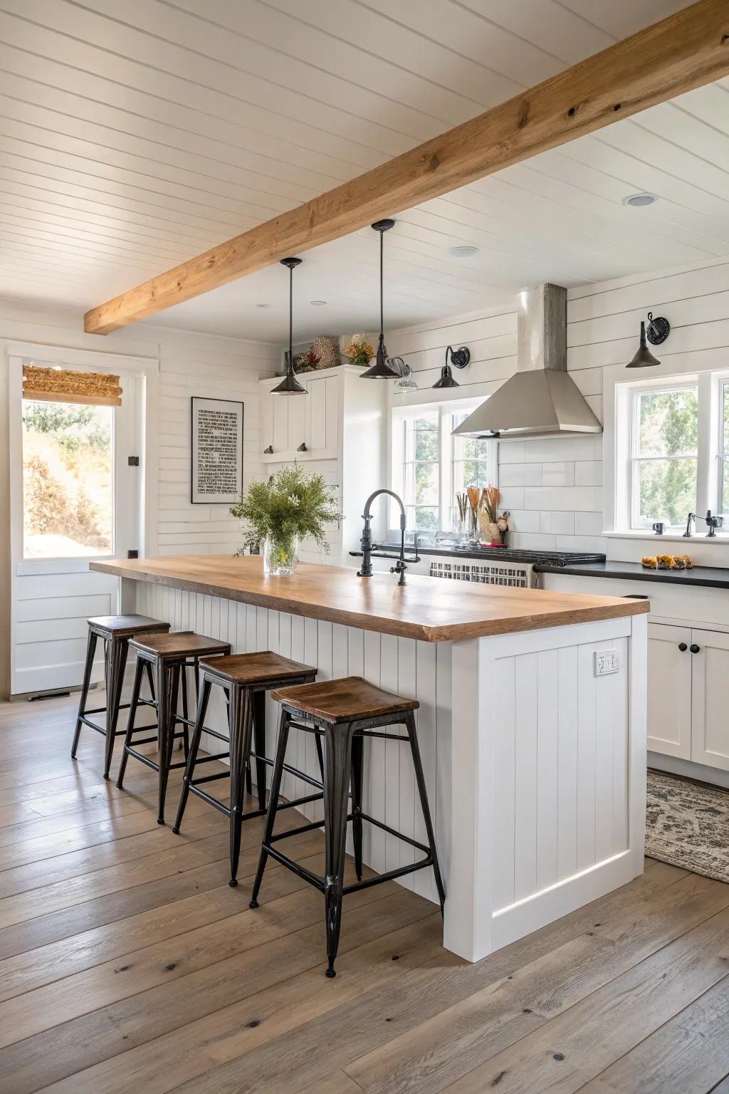 Vivid ivory shiplap island combined with wood worktops provides an inviting appeal.