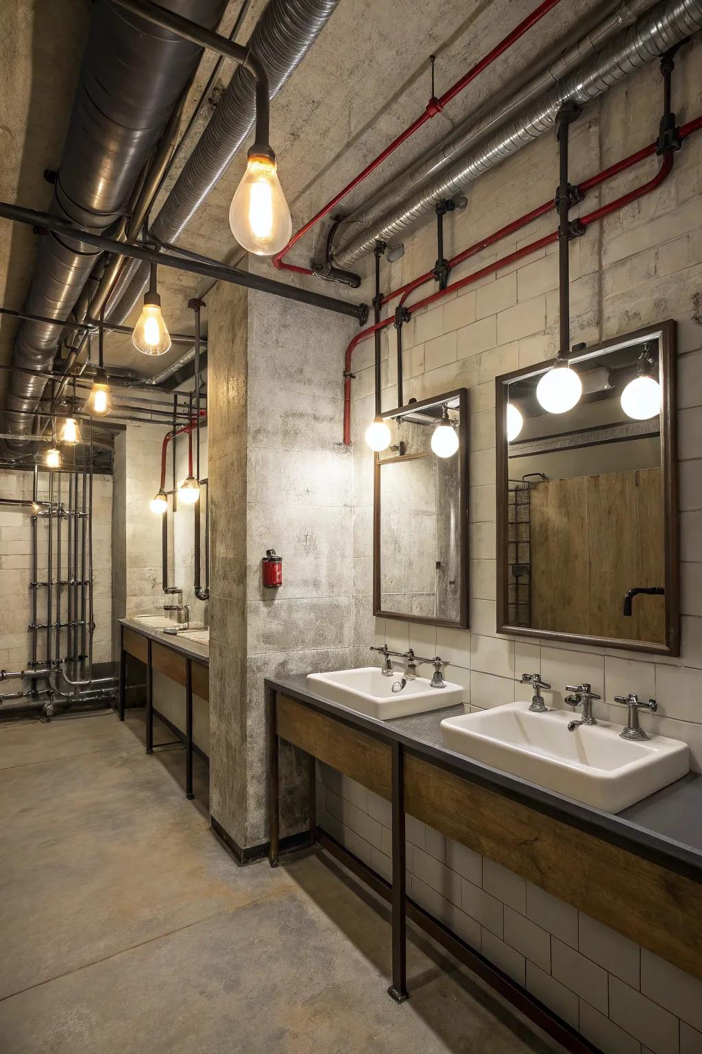 Industrial aesthetics featuring metallic pipes and lighting.