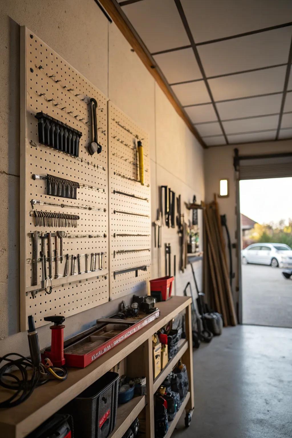 A pegboard wall showcasing an orderly tool arrangement.