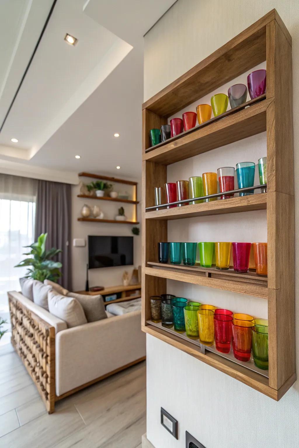 A contemporary living area showcases a timber wall rack, elegantly displaying a diverse assortment of vibrant shot glasses.